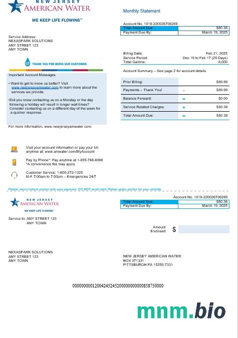 USA New Jersey American water rachunek za usługi komunalne Word and PDF template
